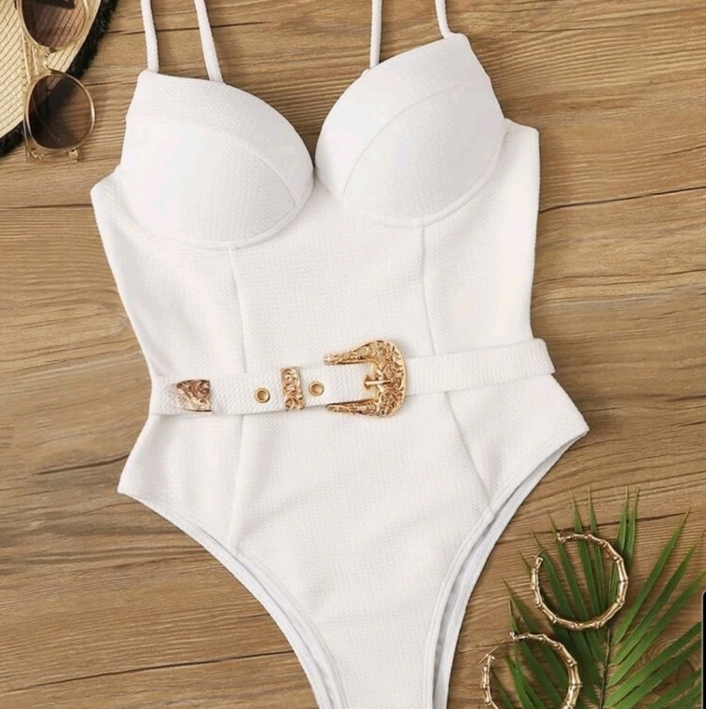 White textured one piece bikini with gold belt